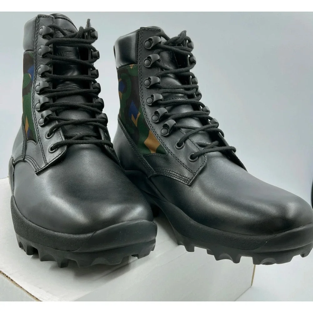 MCM Men's Black Leather Camo Nylon RESNICK Combat Boots‎ Shoes 9AMM80, SZ. 42